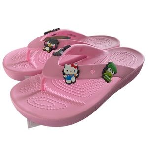 CROCS Women's Classic Pink Platform Flip Flops with Hello Kitty Charms  Size: 7